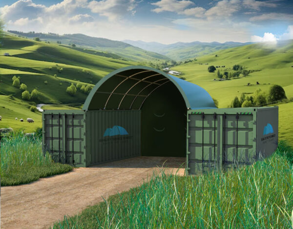 20x20ft (6x6m) Shipping Container Dome Shelter Green Incl Semi-Permanent End Wall.